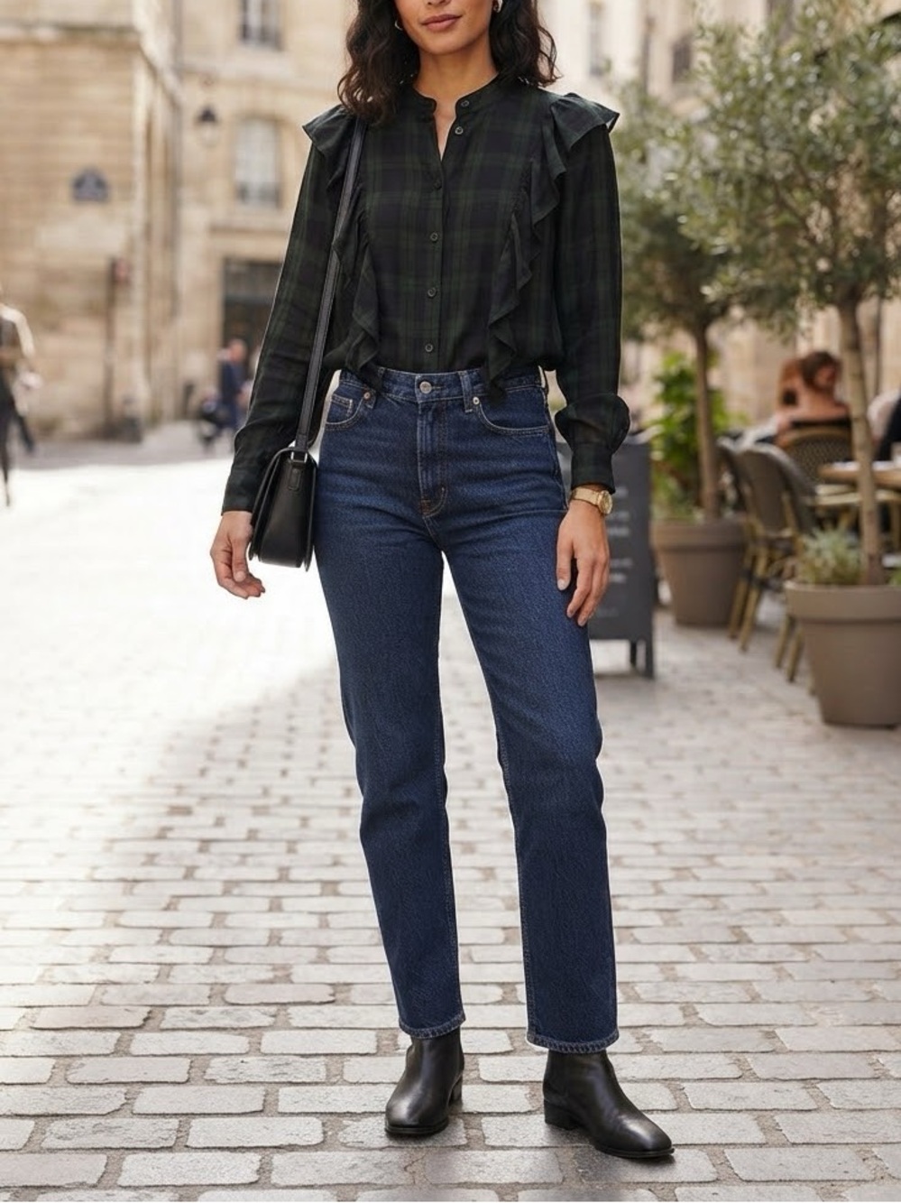 JustFab Black Plaid Button-Down Ruffle Blouse - Long Sleeve❤️